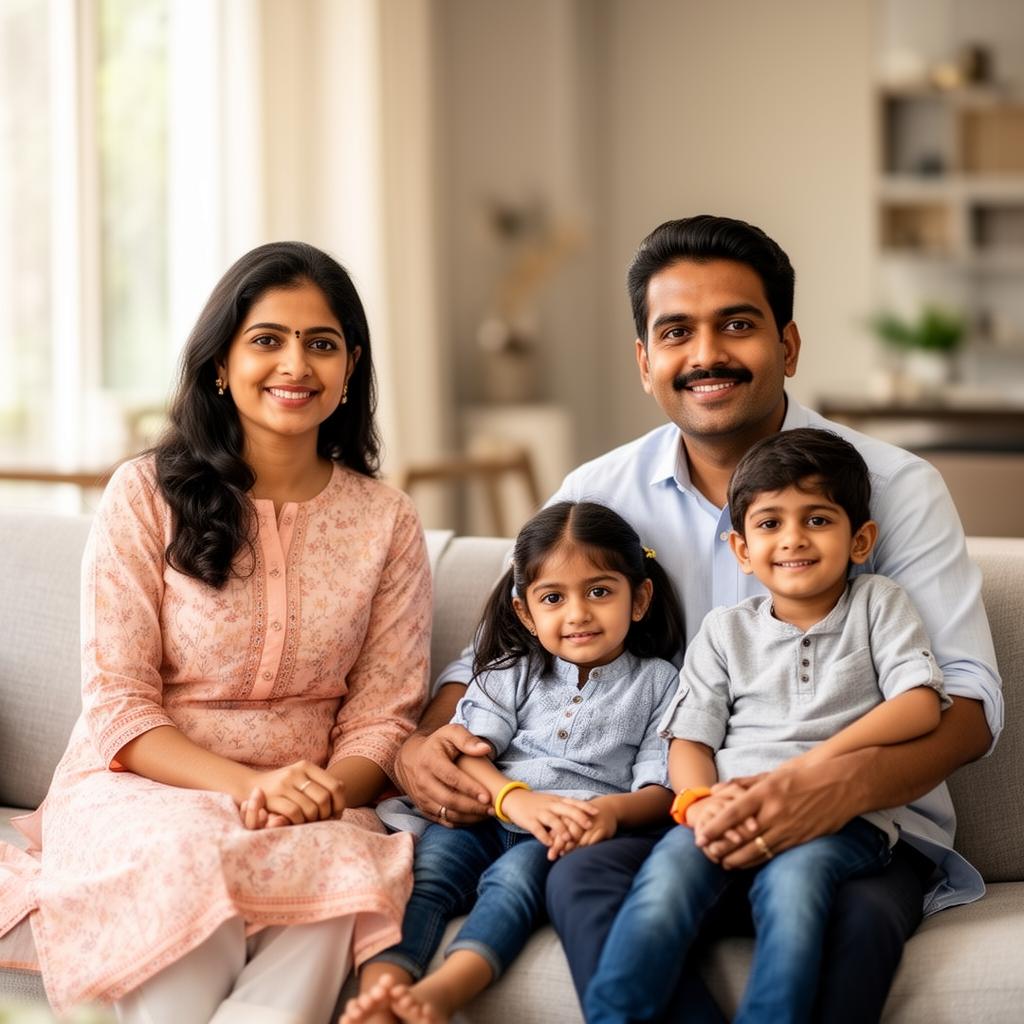 A confident Indian family — parents with their two children — feeling secure about their financial future.